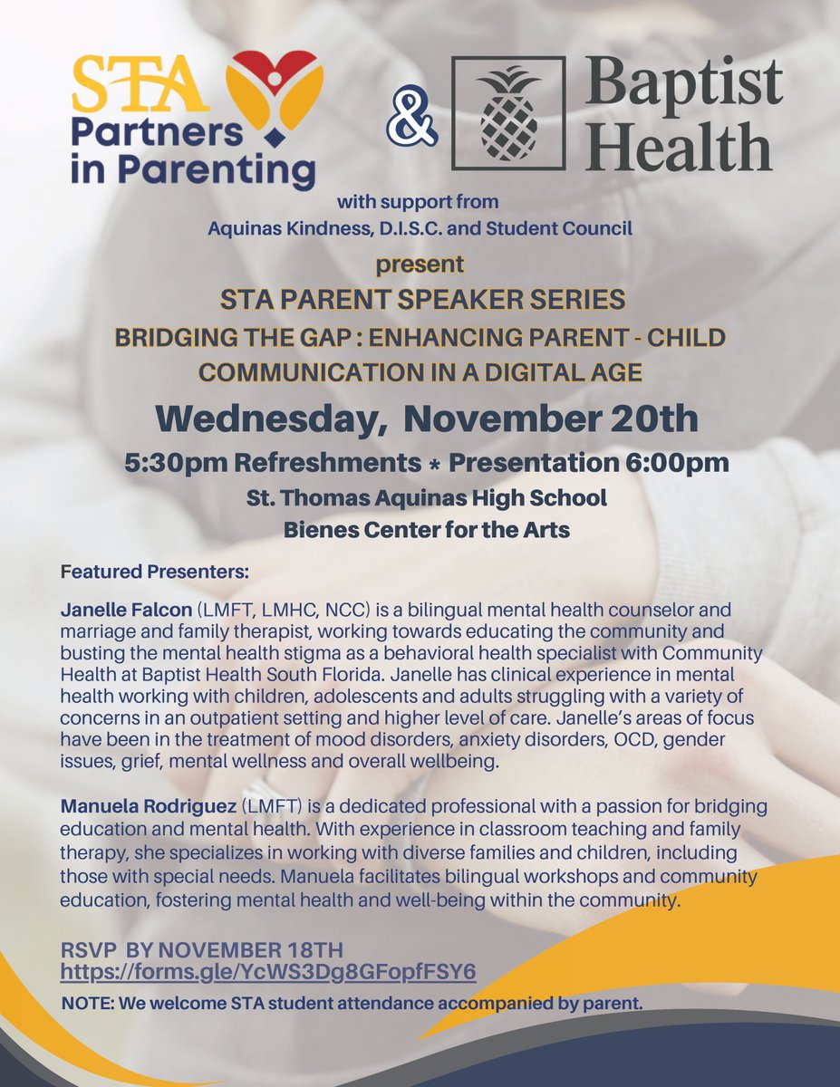 STA Partners in Parenting and Baptist Health present Bridging the Gap : Enhancing Parent - Child Communication in a Digital Age. 

STA students are welcome to attend with a parent(s). Please RSVP at the following link by November 18th: forms.gle/YcWS3Dg8GFopfF…