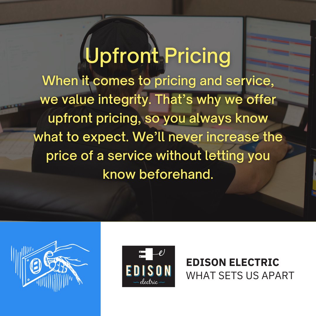 EdisonElectric1's tweet image. At Edison Electric, integrity is at the heart of what we do! 💡 That&apos;s why we offer upfront pricing—so you always know what to expect. No surprises, just honest service. We&apos;ll never increase the price without your knowledge. ⚡ #EdisonElectric #UpfrontPricing