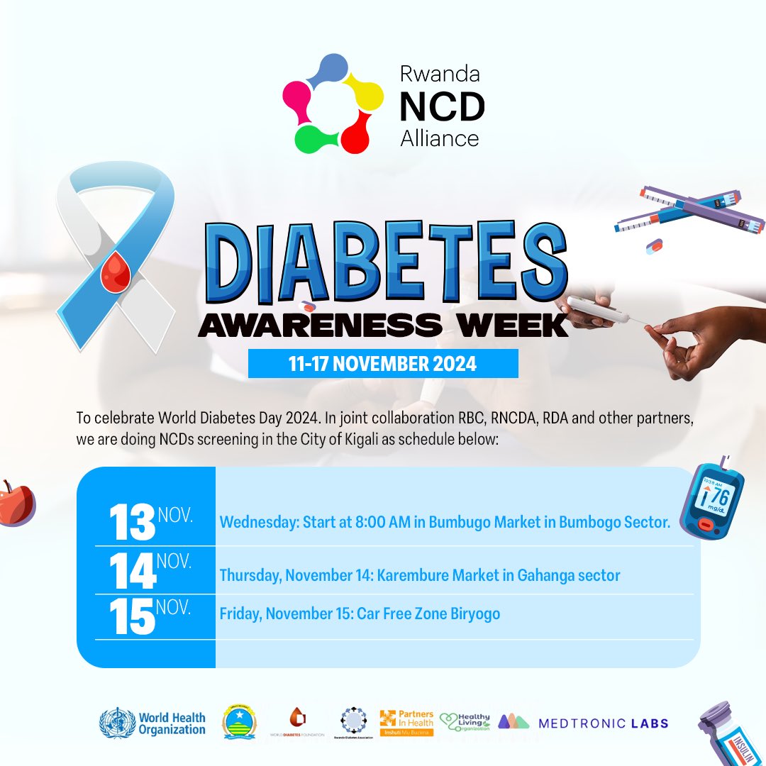 Join us as we get closer to #WorldDiabetesDay 2024! Participate in NCD screenings across Kigali in collaboration with <a href="/RBCRwanda/">Rwanda Biomedical Centre</a>, <a href="/CityofKigali/">City of Kigali</a>, <a href="/RDA_Rwanda/">Rwanda Diabetes Association</a> &amp; others.

📅 Nov 13: Bumbogo Market, in <a href="/Gasabo_District/">Gasabo District</a> 
📅 Nov 14: Karembure Market, <a href="/karembureCell/">Karembure Cell</a> in <a href="/KicukiroDistr/">Kicukiro District</a>