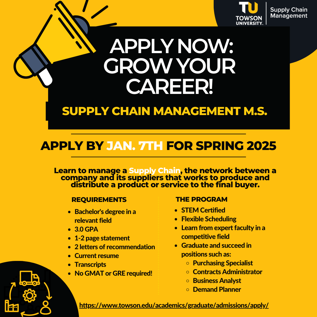 TUSupplyChain's tweet photo. Ready to lead in Supply Chain? Towson University's SCM program is still accepting Spring 2025 applications! Get hands-on experience, connect with industry leaders, and jumpstart your career. Apply today! https://t.co/01IAoYw5k5