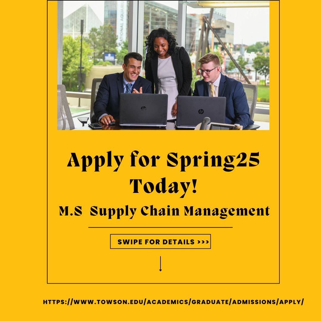 TUSupplyChain's tweet photo. Ready to lead in Supply Chain? Towson University's SCM program is still accepting Spring 2025 applications! Get hands-on experience, connect with industry leaders, and jumpstart your career. Apply today! https://t.co/01IAoYw5k5