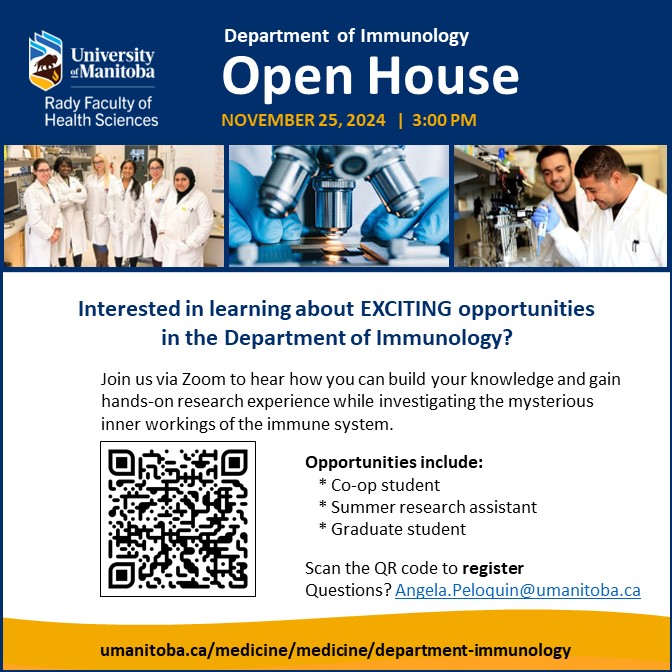 Dept of Immunology @ UofM (@um_immu) on Twitter photo Discover #opportunities in #immunology & hear from some exceptional #students & faculty <a href="/UM_Immu/">Dept of Immunology @ UofM</a>
VIRTUAL OPEN HOUSE Nov. 25 AT 3:00 PM CST. Register via QCR. We look forward to seeing you!!
<a href="/UM_RadyFHS/">U of M Rady Faculty</a> <a href="/um_research/">uManitoba Research</a> <a href="/UManitobaHSGSA/">HSGSA</a>
<a href="/umscicoop/">UM Science Co-op</a> Discover #opportunities in #immunology & hear from some exceptional #students & faculty <a href="/UM_Immu/">Dept of Immunology @ UofM</a>
VIRTUAL OPEN HOUSE Nov. 25 AT 3:00 PM CST. Register via QCR. We look forward to seeing you!!
<a href="/UM_RadyFHS/">U of M Rady Faculty</a> <a href="/um_research/">uManitoba Research</a> <a href="/UManitobaHSGSA/">HSGSA</a>
<a href="/umscicoop/">UM Science Co-op</a>