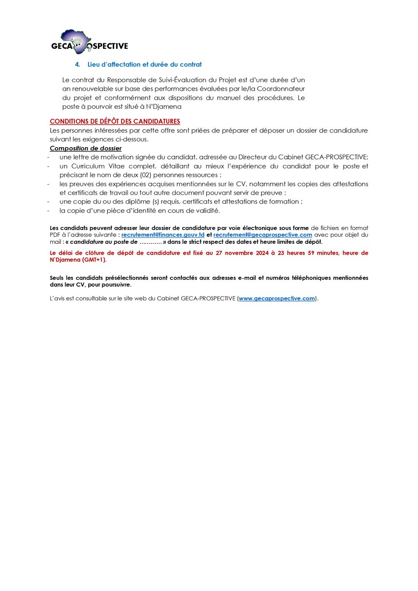Observatoire_TD's tweet photo. 2/2 🗂 Les candidats peuvent adresser leur dossier à : recrutement@finances.gouv.td et recrutement@gecaprospective.com dans le strict respect des dates et heure limites de dépôt.  

👉Pour plus d'infos : https://t.co/Rrq5aorHPY

#OTFiP  #gecaprospective #Recrutement2024 https://t.co/smTN8ryZY5