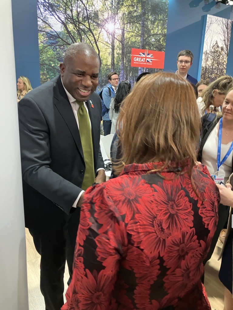 ClimateCLG's tweet photo. 🍃 The Director of CLG UK, @bevcornaby, being introduced to the Foreign Secretary, @DavidLammy, following his appearance at an event at the #COP29 UK Pavilion on scaling support for the role of Indigenous Peoples and local communities to protect forests and nature #CISLCOP29 https://t.co/QnsmvRmVc4