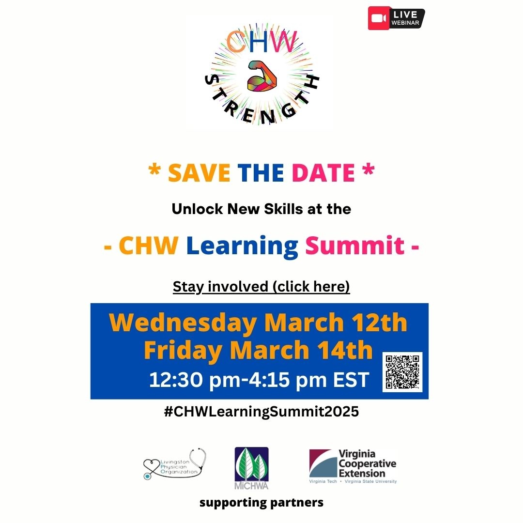 CHWStrength's tweet image. 📅 Save the Date for the #CHWLearningSummit2025!
🗓️ March 12th &amp;amp; 14th | 12:30 PM - 4:15 PM EST
bit.ly/CHWStrength-St…
Unlock new skills and elevate your role as a CHW. 🌟💼
#Healthcare #LearningSummit #PublicHealth