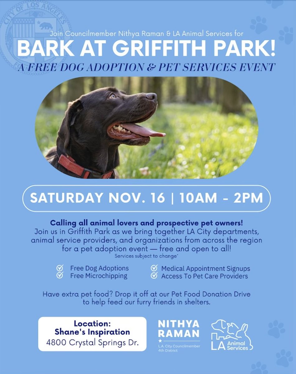 LACityPets's tweet image. Join us this Saturday, November 16th from 10AM-2PM for a Bark at Griffith Park Adoption and Pet Services Event! LA Animal Services will be on-site with adoptable dogs ready to meet and go home with you! See you there 🐾 #lacitypets #adopt #dogsofLA #dogs #losangeles