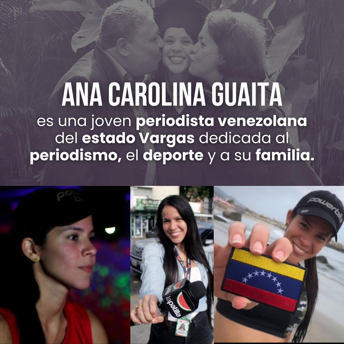 Ana Carolina Guaita, es una joven periodista y entrenadora deportiva venezolana, del estado Vargas, fue detenida injustamente desde el pasado 20 de agosto. Su único delito: ser hija de líderes políticos del Estado.

#LiberenAAna