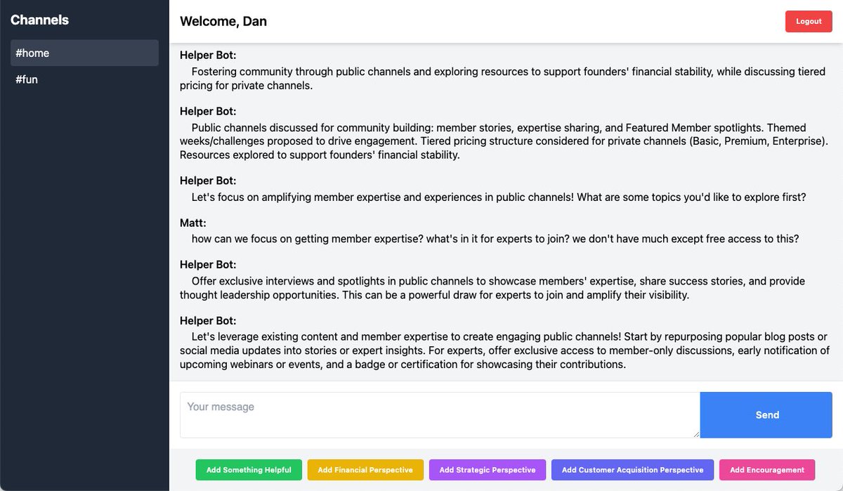 chetianx's tweet photo. Day 2 of goofing around: took a vacation this week to work on a fun side project with @uxmatthew. the idea is to create a Slack-style app for startups where ai agents and tools execute specific tasks aligned with your company goals, offer insights, create documents etc. we have a react app / node server with firebase auth, db and local llm (llama 3).

tomorrow we will add named agents &  DMs, additional channels, styling and whatever else sounds fun. #buildinpublic