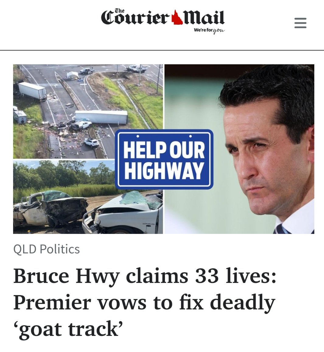 lesstenny's tweet image. Agreed, the Bruce needs more work done, that's for sure..but most deaths are nothing to do with that goat track, it's drivers  Drink driving, no seat belts. Falling asleep at the wheel, and mostly speeding..fuk off @couriermail .ask the police