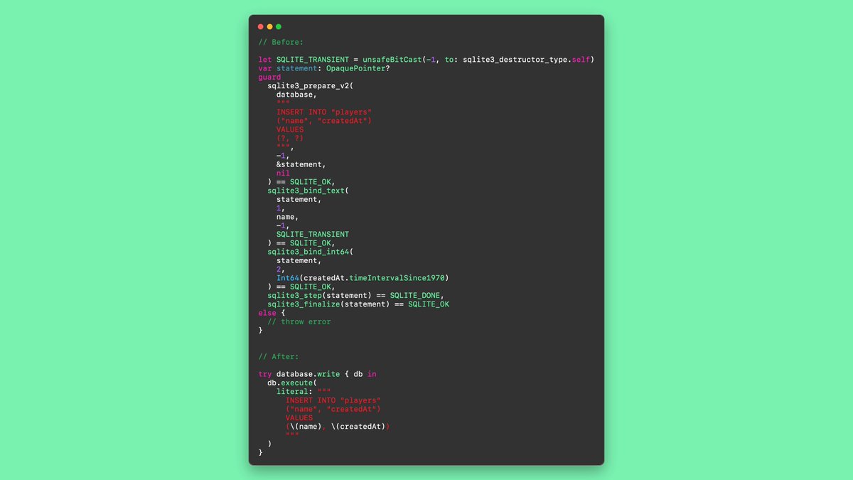 Comparing code that interfaces with the SQLite C library and GRDB is like comparing night and day. Dozens of statements and lines of code that are easy to get wrong often turns into a single expression.

Learn more: pointfree.co/episodes/ep302…