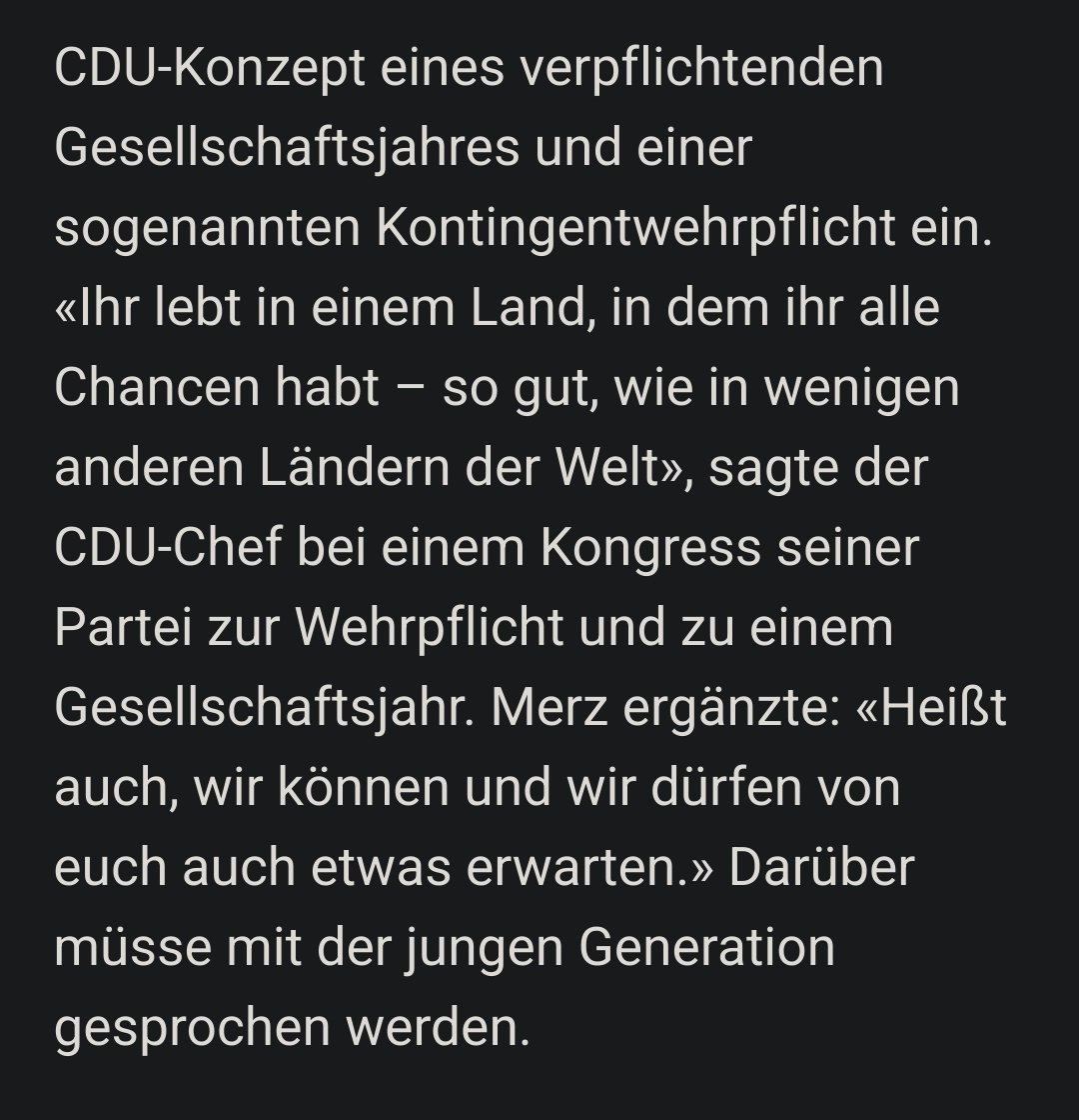 Die <a href="/cducsubt/">CDU·CSU</a> will junge Menschen dazu verpflichten, im Ernstfall für Deutschland in den Krieg zu ziehen. Gleichzeitig nehmen sie ihnen den günstigen ÖPNV, kriminalisieren sie für persönliche Konsumentscheidungen und disvalidieren ihre Sorge bezüglich des Klimas! #MerzKannEsNicht