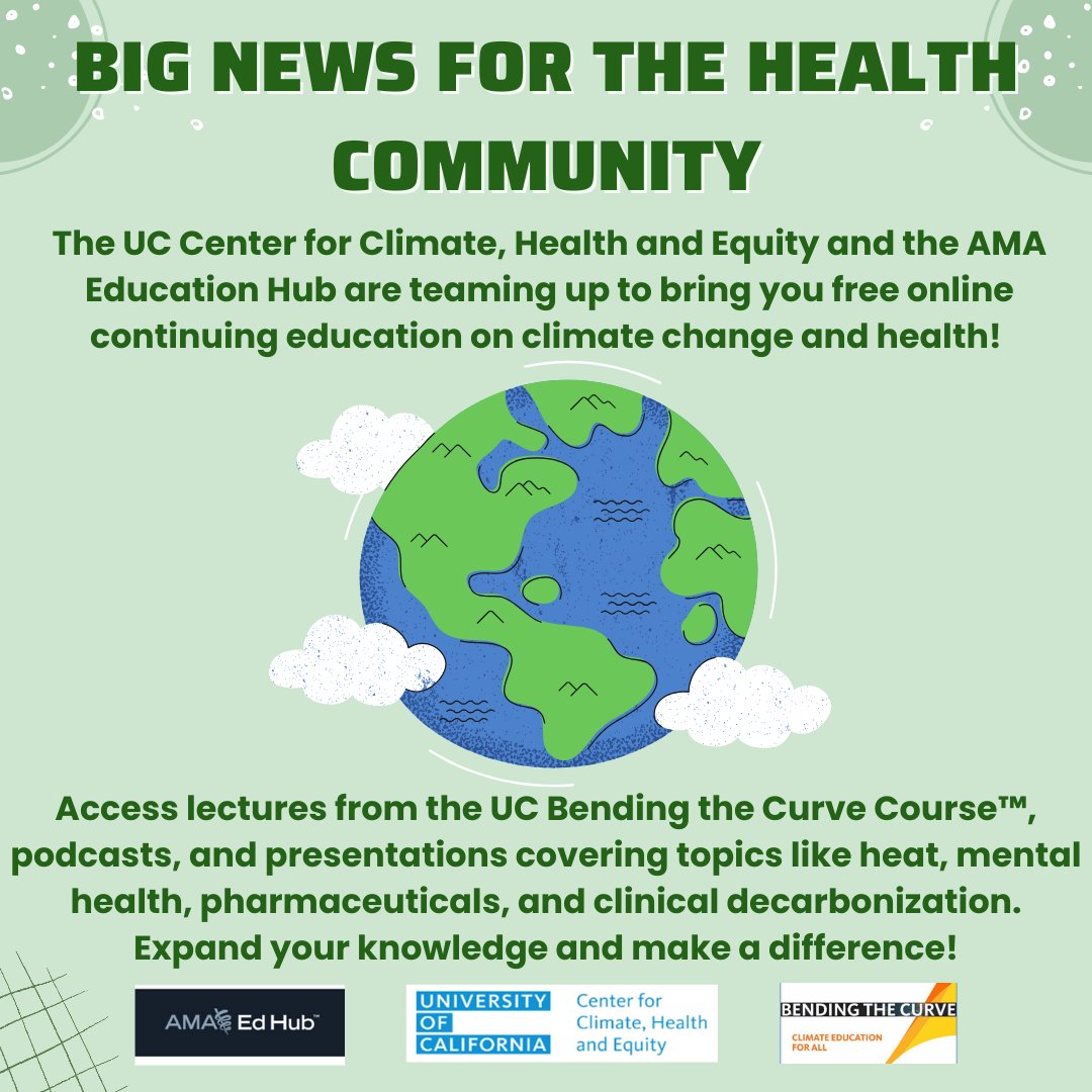 UC Center for Climate, Health and Equity (@ucclimatehealth) on Twitter photo Free Climate & Health Education: Explore lectures, podcasts, and presentations on key topics like heat, mental health, and clinical decarbonization. Join us to make a difference! <a href="/AMAEdHub/">AMA Ed Hubā¢</a> #CCHE #ClimateChange š
edhub.ama-assn.org/university-of-⦠Free Climate & Health Education: Explore lectures, podcasts, and presentations on key topics like heat, mental health, and clinical decarbonization. Join us to make a difference! <a href="/AMAEdHub/">AMA Ed Hubā¢</a> #CCHE #ClimateChange š
edhub.ama-assn.org/university-of-ā¦