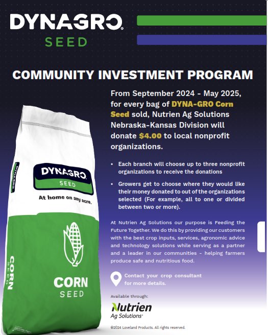 Your local Nutrien locations within the NE/KS Division are excited about supporting the local communities!!! This program will be a great way to contribute to local organizations like FFA, 4H, volunteer fire departments etc.  <a href="/NutrienAgRetail/">Nutrien Ag Solutions</a> <a href="/DynaGroSeed/">Dyna-Gro Seed</a> <a href="/bknifong/">Brian Knifong</a> <a href="/alisonfeik/">Alison Feik</a>