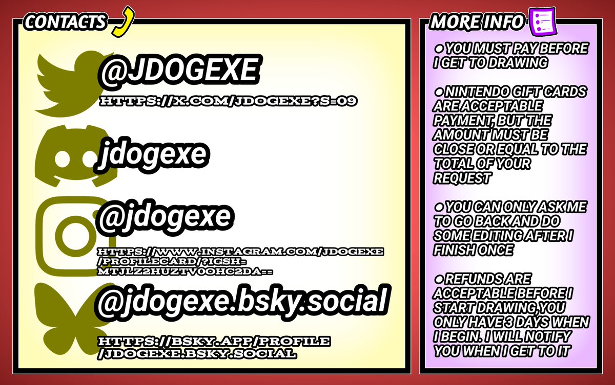Jdogexe's tweet image. !! FOR THE FIRST TIME, MY COMMS ARE OPEN !!
Imma be hella busy Monday and Tuesday but other than those, I'll be good to go. I'll be having 10 slots open. Feel free to DM me!!