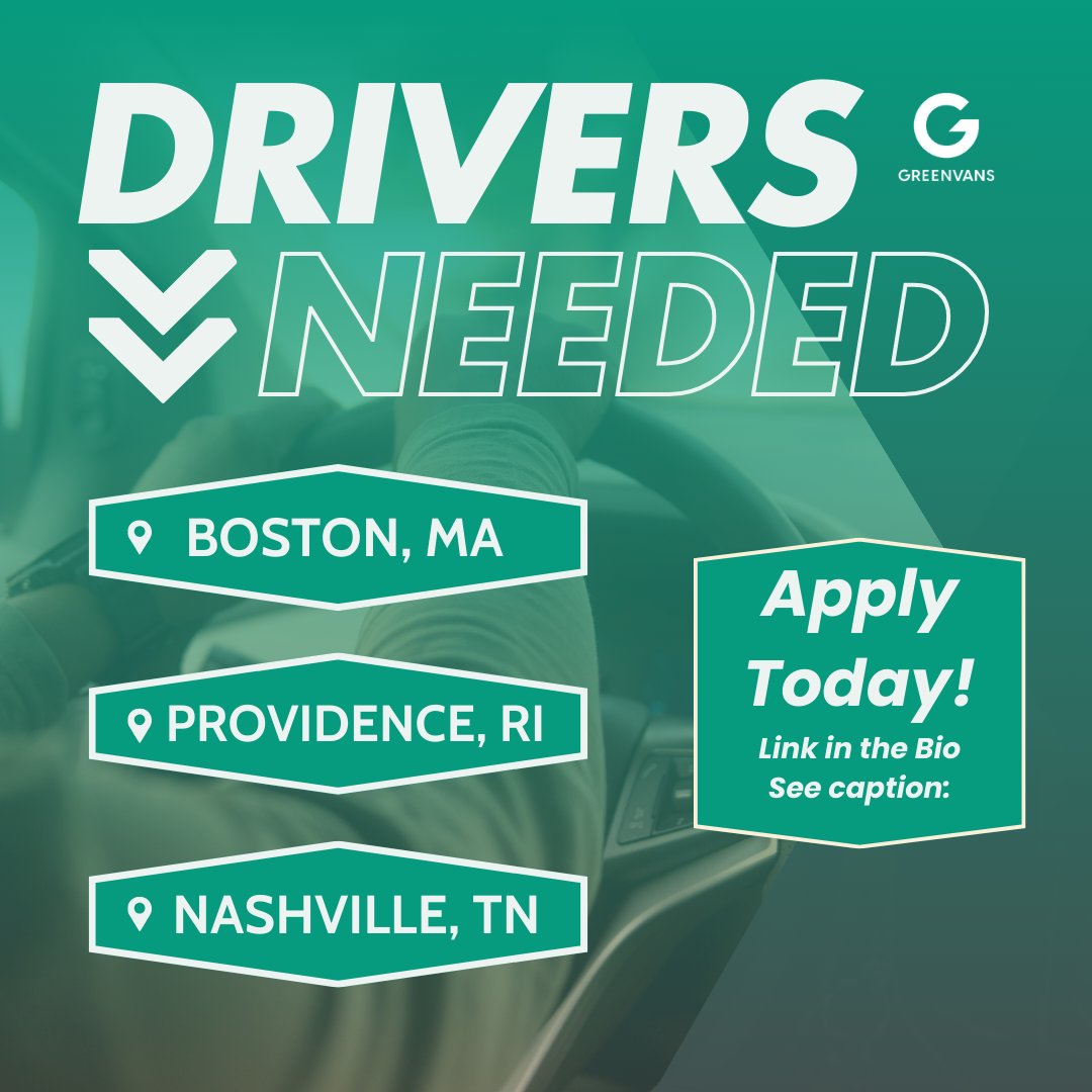 greenvans's tweet image. Attention:
📍Boston, MA
📍Providence, RI
📍Nashville, TN
We're rapidly expanding into new cities and looking for drivers to deliver our vans locally and across the country. If you’re a competent driver who’s self-directed and personable, apply within!
bit.ly/4eVZXj4