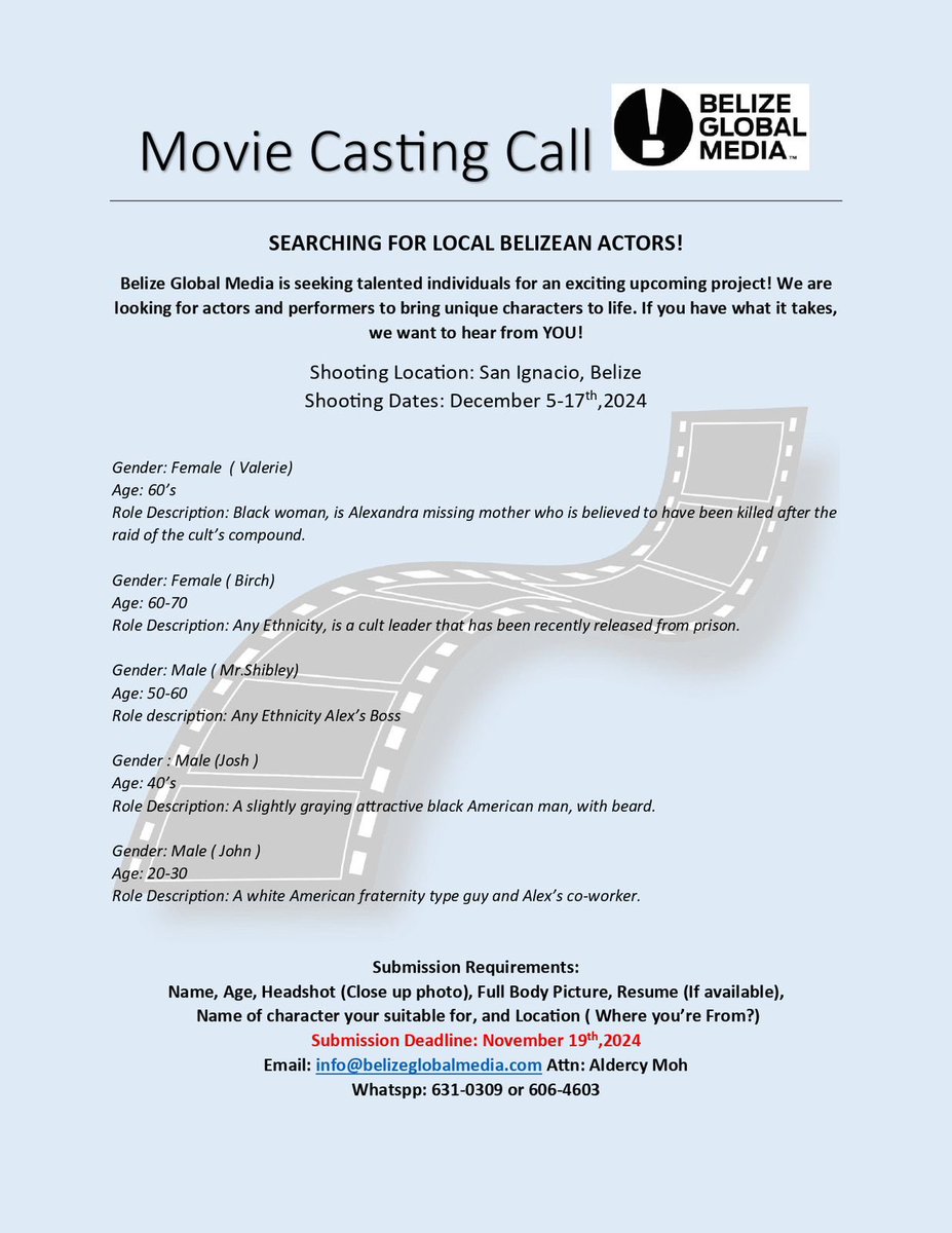 Filmbelize's tweet photo. A Call To Action: All Belizean Actors that fit the description for these characters https://t.co/WimNtNfp4G