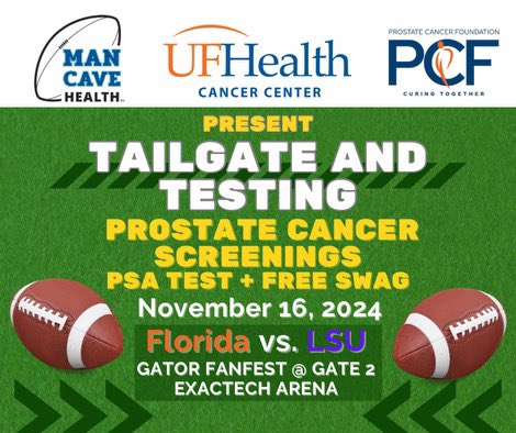 brandonspikes55's tweet image. Excited to join the Tailgate &amp;amp; Testing event this Sat at Gator Fan Fest! 🏈 Get a free PSA screening + swag! Early detection saves lives. #DYK? Black men are at higher risk for prostate cancer &amp;amp; should start getting tested at age 40. See you there! 💪 #GoGators #PSAScreening