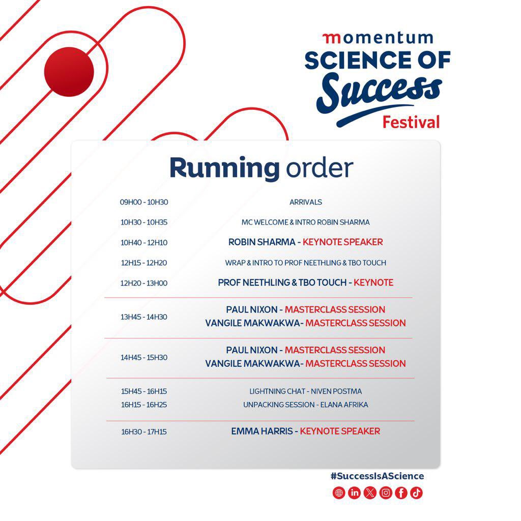 Zar_Ntseto's tweet image. The keynote speaker? We can’t miss it. The 
@Momentum_za science of success festival is happening on the 22nd of November and you need to register to be part of it.😮‍💨

Come learn about behaviours/habits that accelerate and decelerate one&apos;s journey to success. #SuccessIsAScience