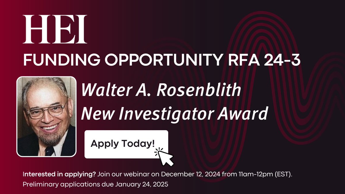 We are pleased to inform you, we are now launching RFA 24-3: Walter A. Rosenblith New Investigator Award. 

The award supports early career investigators, at the Assistant Professor or equivalent level, who are interested in the health effects of air pollution.

1/3