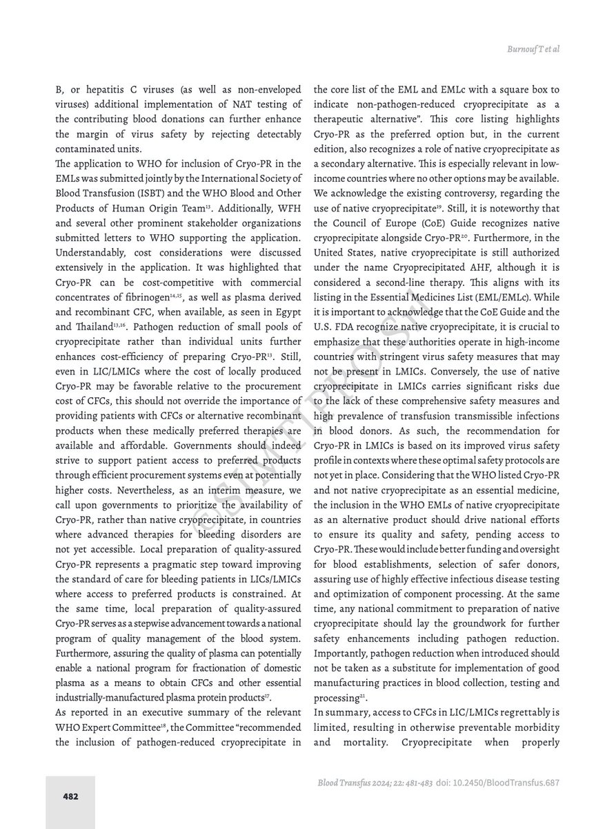 ProfMakris's tweet image. I strongly disagree with this commentary in the journal Blood Transfusion. The authors try to justify the decision of the @WHO to have cryoprecipitate and pathogen reduced cryoprecipitate (rather than FVIII concentrate) for the treatment of #hemophilia in the list of essential…