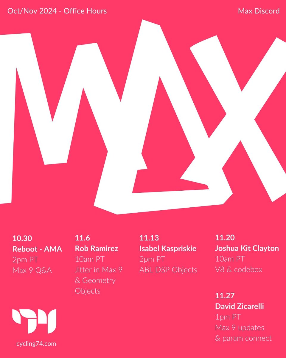 structurevoid0's tweet image. 2pm Pacific Time @cycling74 will be talking with Isabel Kaspriskie about ABL - bringing Ableton's DSP code over to the new abl~ objects in #Max9
discord.gg/SFsyZ8U?event=…
@ableton #maxmsp