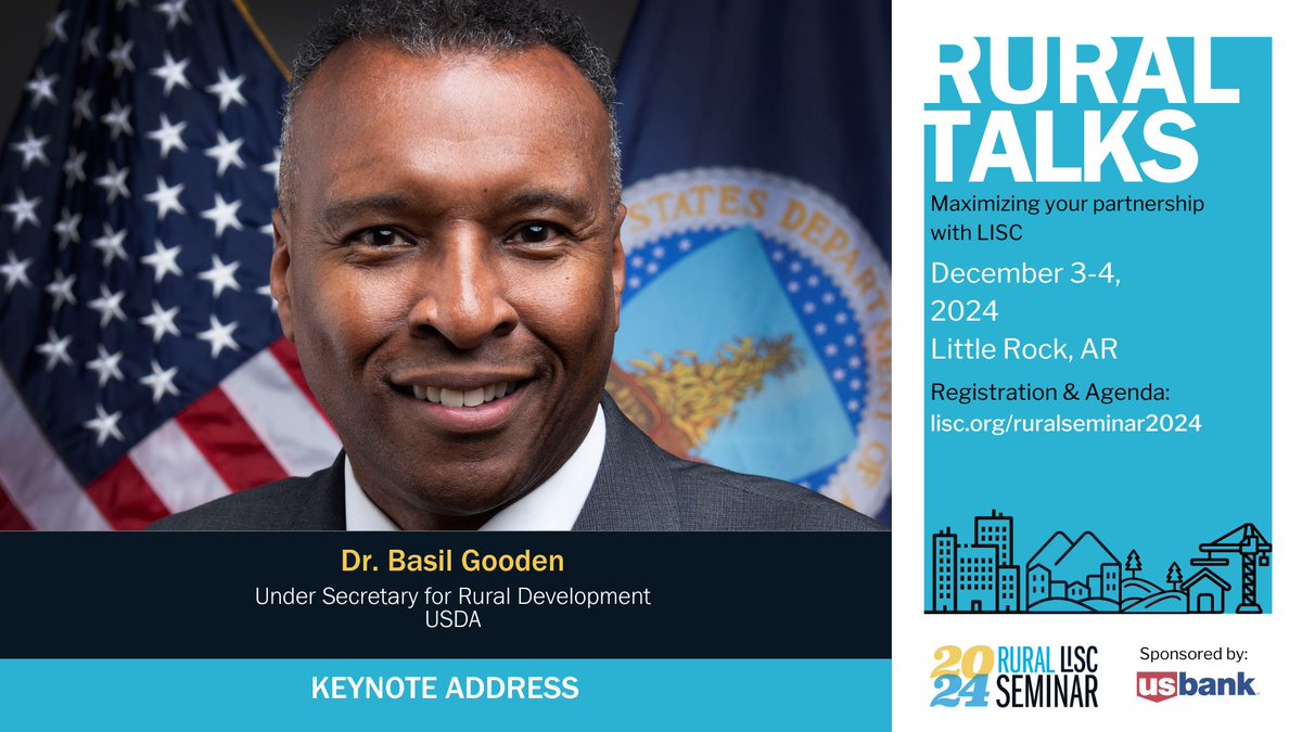 Rural LISC (@rurallisc) on Twitter photo We're very excited to announce that Dr. <a href="/BasilGooden/">RD Undersecretary Basil I. Gooden, PhD</a>, Undersecretary of <a href="/usdaRD/">Rural Development</a>, will deliver a keynote address at #RuralTalks!
Join us December 3-4 in Little Rock, AR, to meet #RuralLeaders and maximize your partnership with LISC! lisc.org/ruralseminar20…  @RuralGov We're very excited to announce that Dr. <a href="/BasilGooden/">RD Undersecretary Basil I. Gooden, PhD</a>, Undersecretary of <a href="/usdaRD/">Rural Development</a>, will deliver a keynote address at #RuralTalks!
Join us December 3-4 in Little Rock, AR, to meet #RuralLeaders and maximize your partnership with LISC! lisc.org/ruralseminar20…  @RuralGov