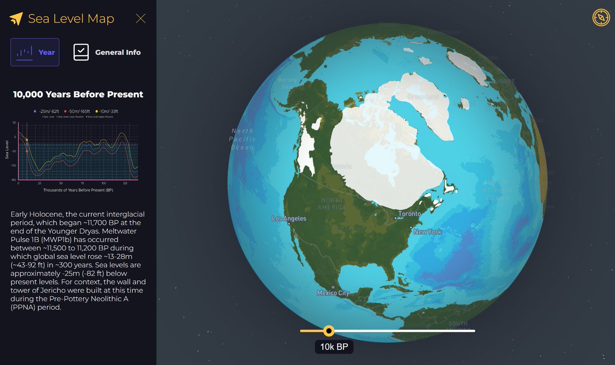 Screenshot from sealevelmap.io showing the Laurentide and Cordilleran ice sheets over North America ~10,000 years ago #paleomapping #sealevel #iceage #deglaciation #youngerdryas #pleistocene #holocene