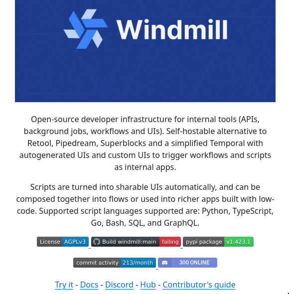 tom_doerr's tweet image. &quot;Open-source developer platform to power your entire infra and turn scripts into webhooks, workflows and UIs. Fastest workflow engine (13x vs Airflow). Open-source alternative to Retool and Temporal.&quot;