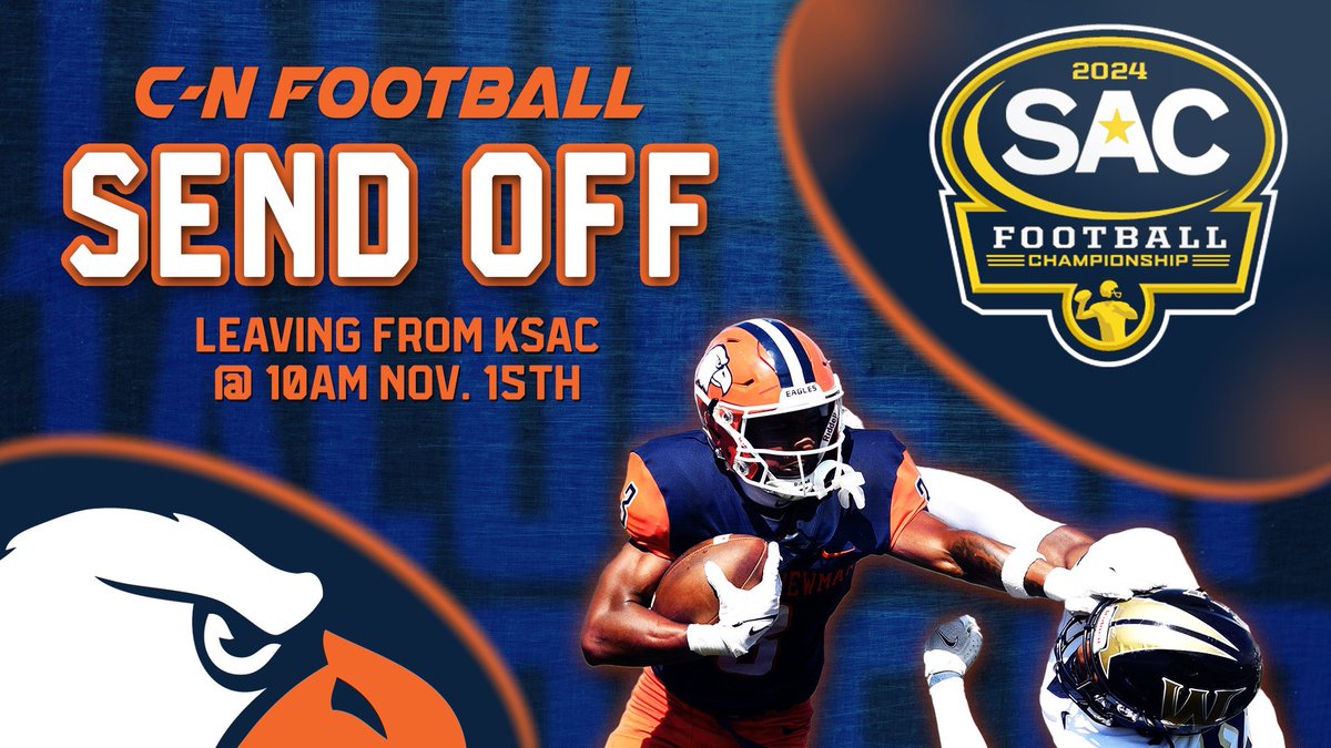 cnfootball's tweet photo. Come Send Off the Eagles for the SAC Championship π
The Team Departs from the KSAC Friday, November 15th at 10am π
SAC Championship
Kickoff - Saturday, November 16th at 3pm π
Location - Irwin Belk Stadium ποΈ (Wingate, NC)
#CNFootball #ComeToTheCreek #SACFootball #TalonsUp https://t.co/9YCLLpuS83