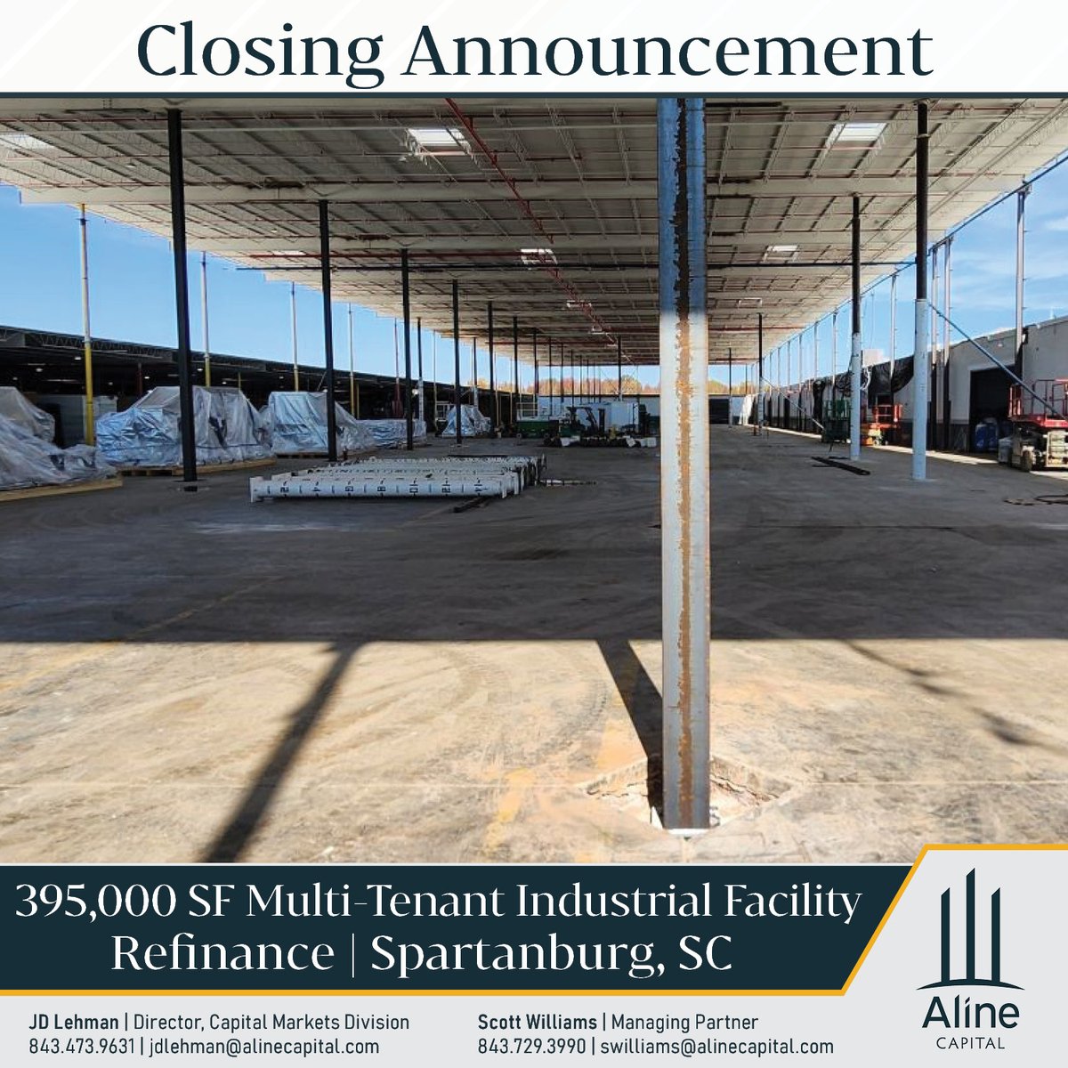 AlineCapital's tweet photo. Aline Capital is pleased to announce the closing of a cash-out refinance of a 395,000 SF multi-tenant industrial facility in Spartanburg, South Carolina. This financing secured a substantial cash out which paid for a roof lift on a 150,000 SF building. https://t.co/sqDc2wqf9B