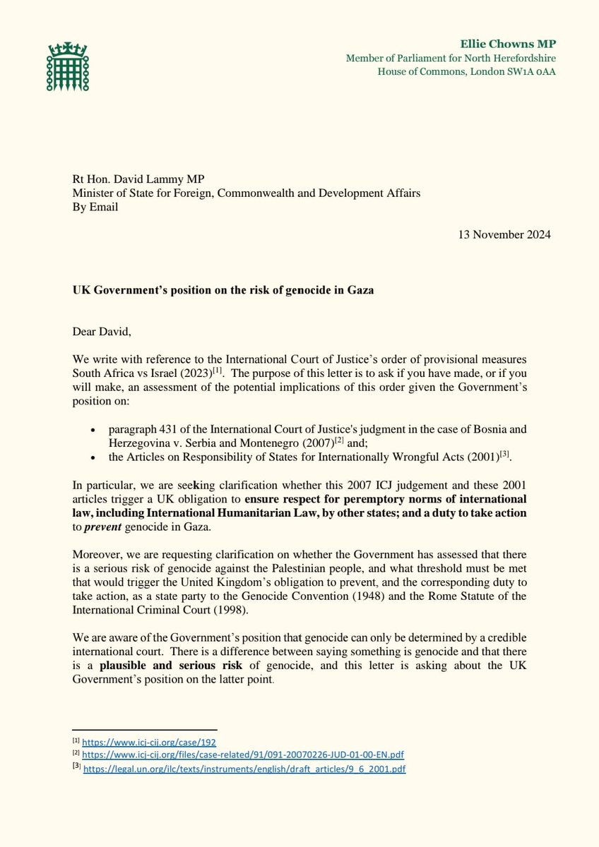 GarySpedding's tweet photo. BREAKING: @TheGreenParty MPs have written to @DavidLammy on the UK government's position on the risk of genocide in Gaza. In the letter the MPs highlight the obligation to prevent, and duty to act, where there is a plausible and serious risk of genocide. https://t.co/oNnXZngWHS
