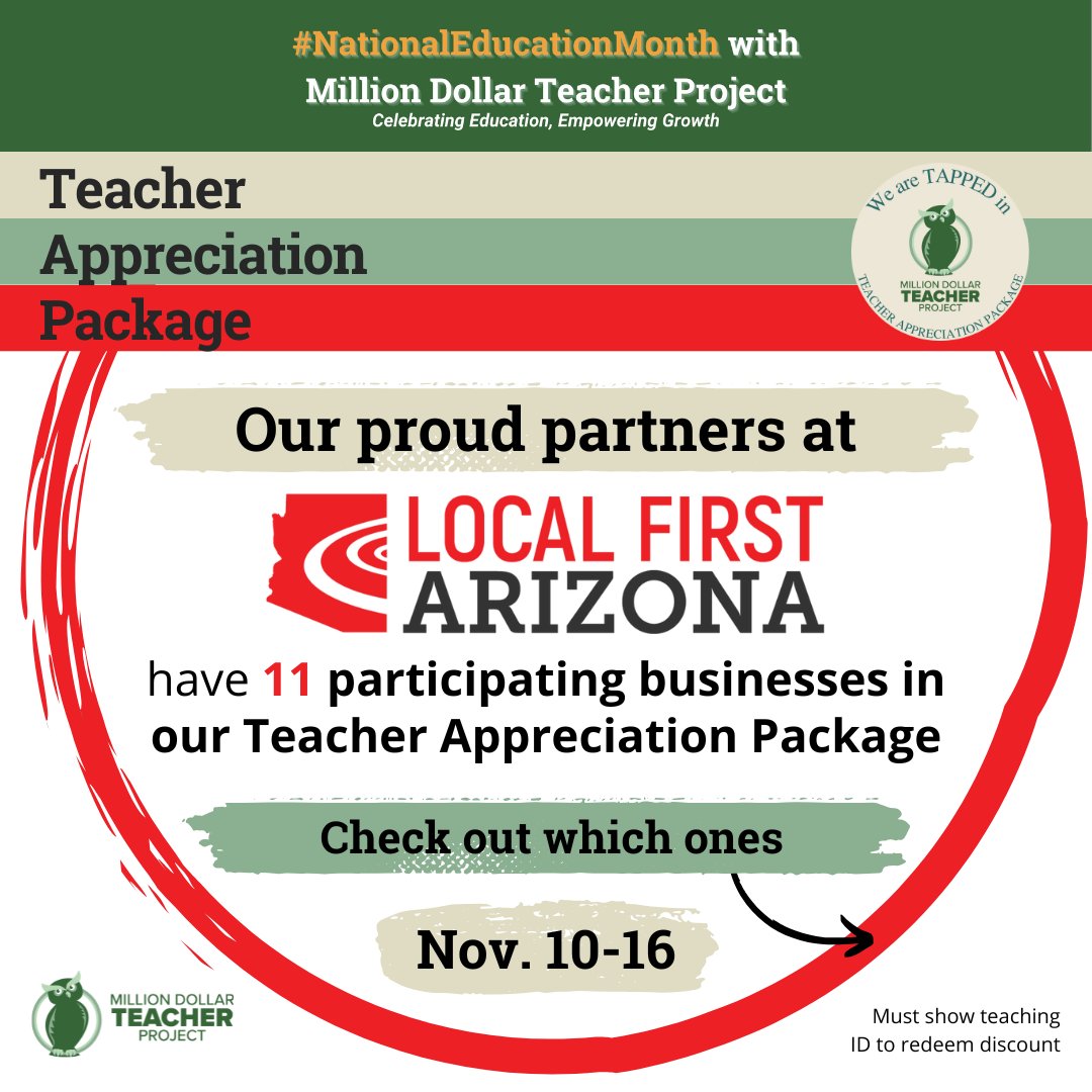 Mdtproject's tweet photo. 11 @localfirstaz businesses around the valley are offering discounts to ECE/Pre-K to 12 educators right now until Nov. 16! No sign up is required, simply show your teaching I.D. at the register to redeem the discount!

https://t.co/YytPPRDf5H

#teacher #school #teachers #teaching https://t.co/JxV9zipZaG