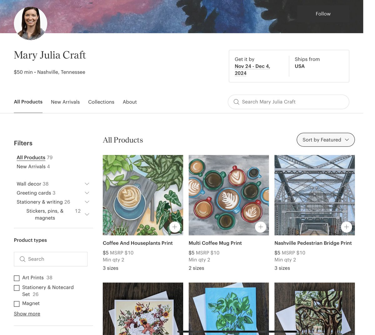 MaryJuliaCraft's tweet photo. I have a Faire store for any retailers looking to buy wholesale from an artist. I have prints, notecards, magnets, and vinyl stickers. https://t.co/Eew1bNtinx
#fairestore #wholesale #notecards #magnets #stickers #originalartwork #wholesaleart #coffee #plants #nashville #knoxville https://t.co/duFHFMDt2P