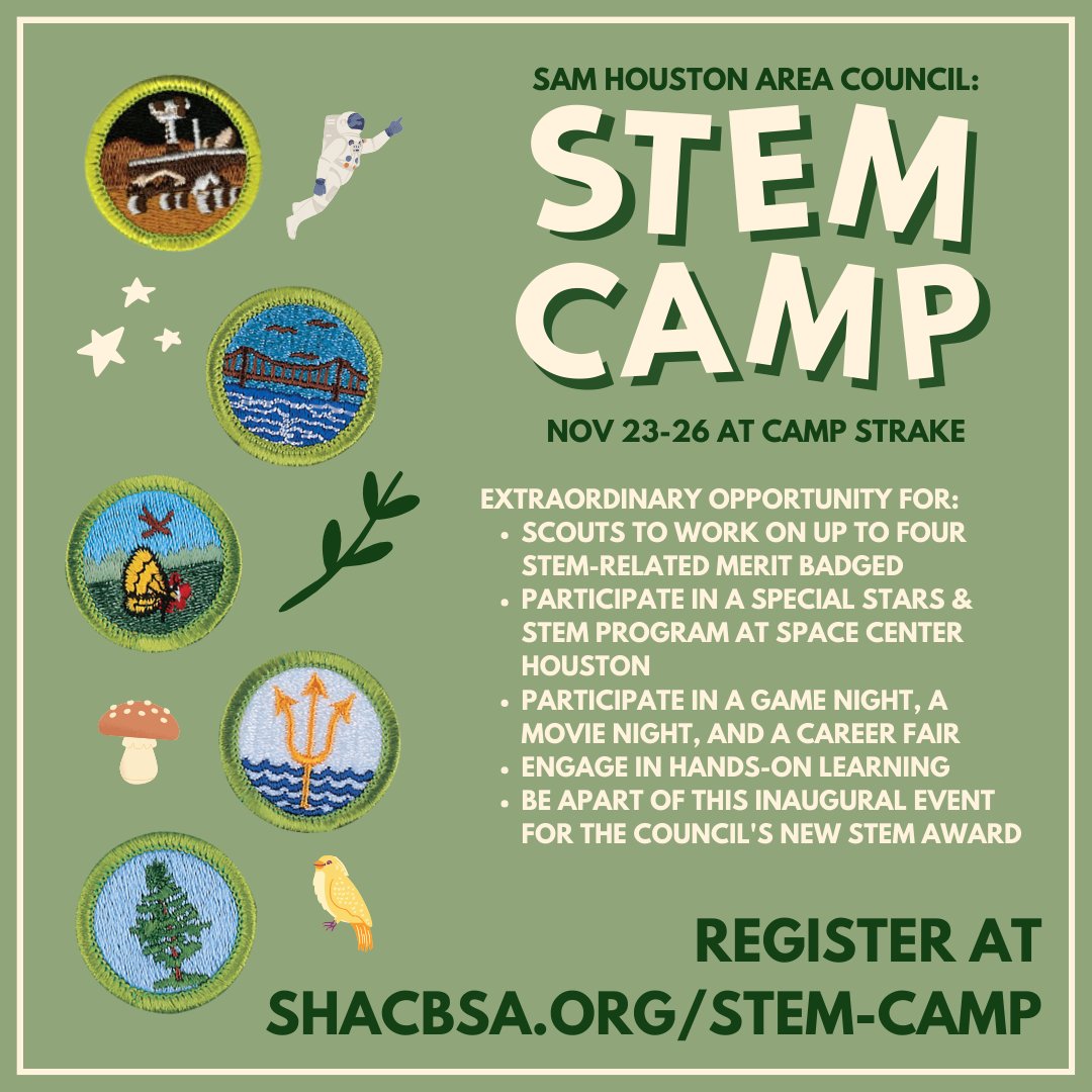 Stem Camp is right around the corner, and it's not too late to register!!! Experience the Stars and Stem program at Space Center Houston and work on up to 4 Stem Related merit badges! shacbsa.org/stem-camp #stemcamp #samhoustonbsa #campstrake