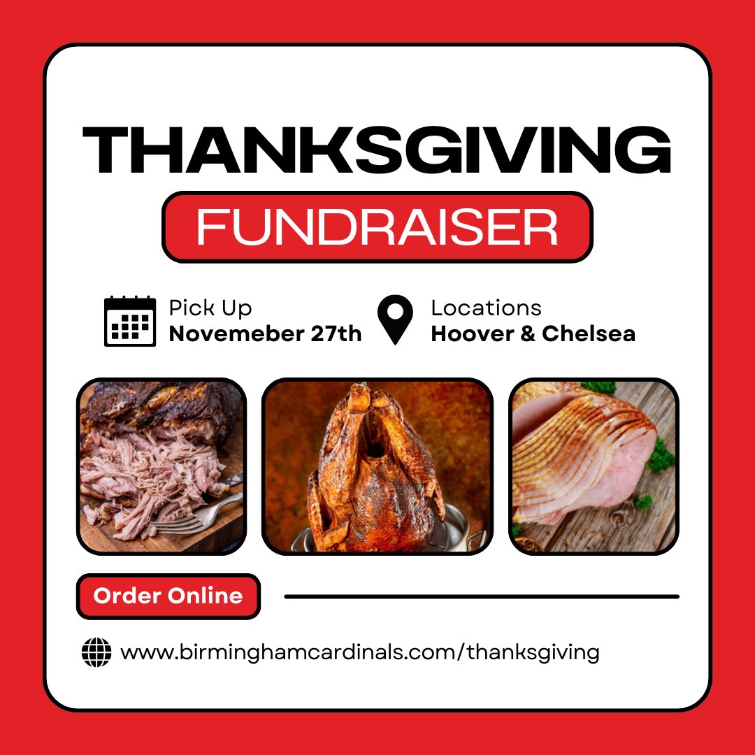 Skip the kitchen and support the Cardinals this Thanksgiving! We’re offering delicious holiday favorites: Deep-Fried Turkey, Smoked Spiral-Cut Ham, and Boston Butt. Order yours today! 🙌 #CardinalNation #ThanksgivingFundraiser #HolidayFeast #SupportLocal