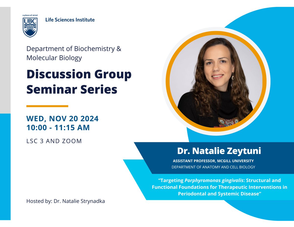 📢Next Wednesday: In-person BMBDG Seminar!

We would like to invite you to our Discussion Group Seminar Series featuring Dr. Natalie Zeytuni from McGill University.

📆Nov 20, 2024 | 10:00 AM 
📍 LSC 1003 and Zoom 

Host: Dr. Natalie Strynadka

We hope to see you there! 🤩