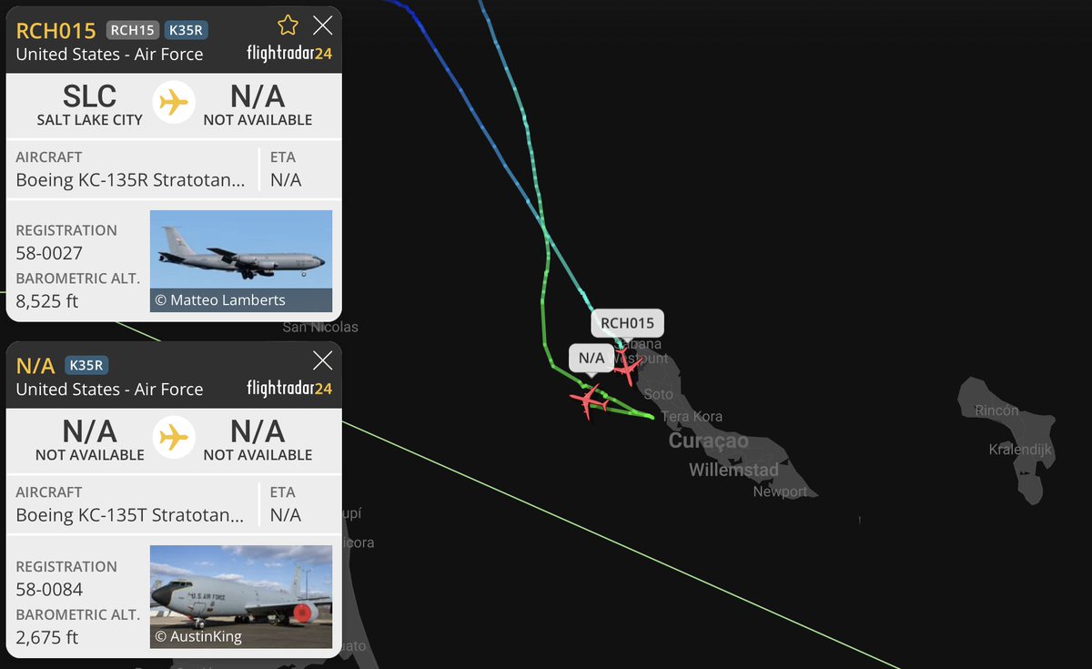 LatAmMilMVMTs's tweet image. RCH015 out of Salt Lake City (KSLC) 🇺🇸 and RCH017 out of Pittsburgh IAP Air Reserve Station (KPIT) 🇺🇸 descending into Willemstad (TNCC/CUR) 🇨🇼.

RCH015 | 58-0027 | KC-135R | #AE0476 | USAF
RCH017 | 58-0084 | KC-135T | #AE0655 | USAF