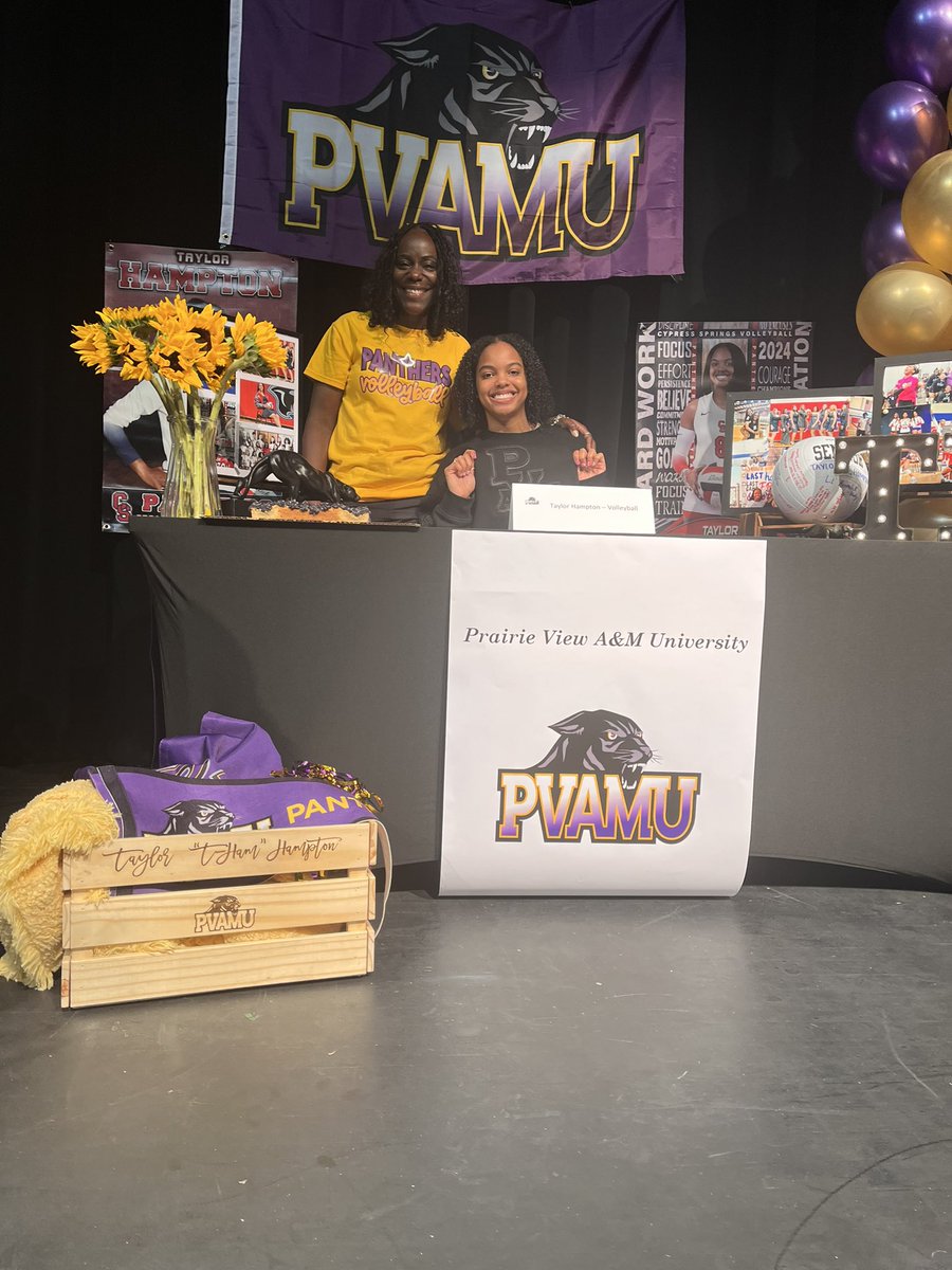 CySpringsVball's tweet photo. Congratulations to Taylor Hampton on her signing to The Prairie View A&amp;M University. PV just got 1% better 💜💛 Go Panthers #AllDayEveryDay https://t.co/SlqEDKVTy5