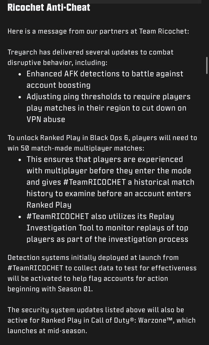 NEW: Ricochet updates for Black Ops 6 and Warzone 

They are now starting to block VPN usage slowly by adjusting ping thresholds 

Ranked Play will also require 50 MP match wins to play MP Ranked