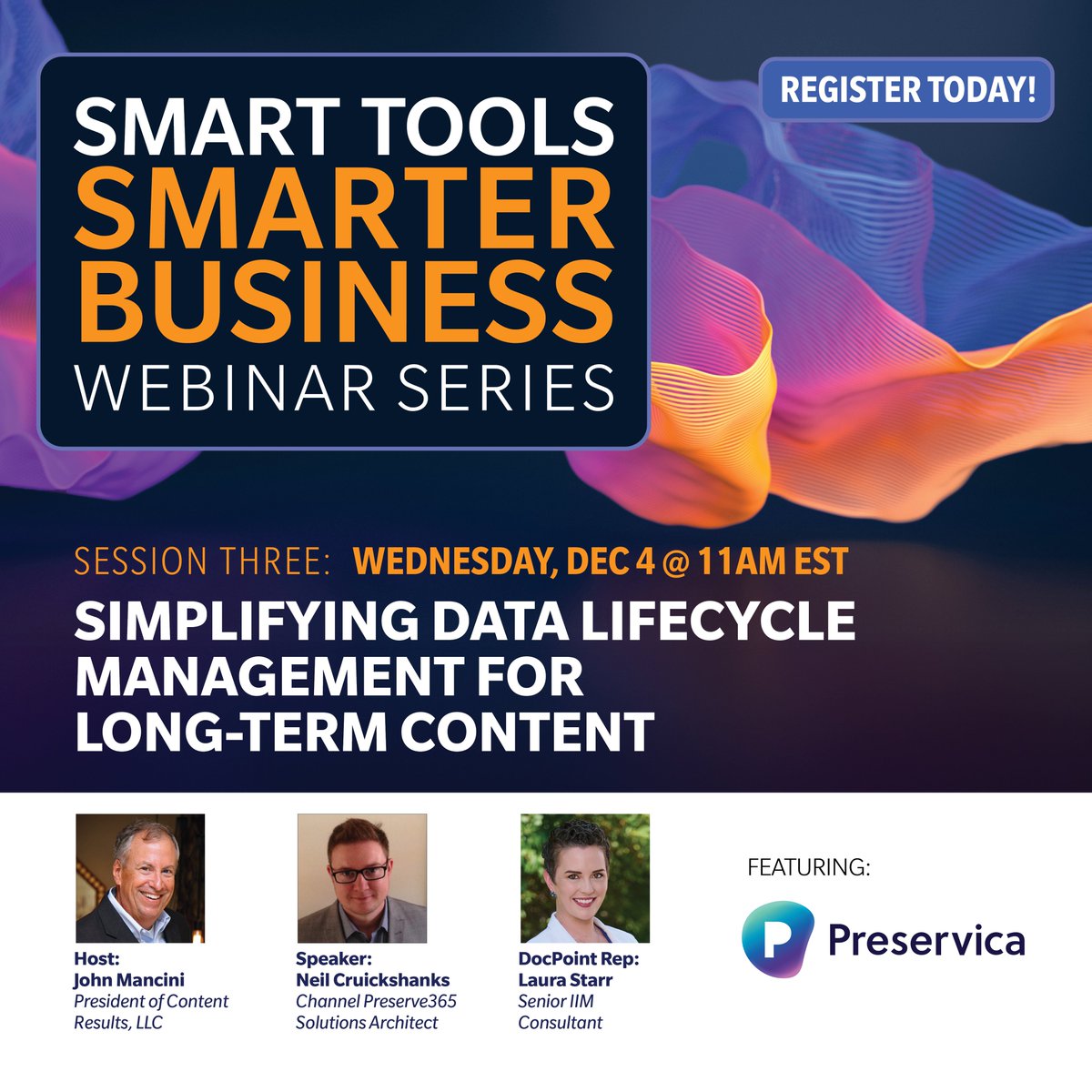 DocPoint_USA's tweet photo. Register today for session 3 of our webinar series: SIMPLIFYING DATA LIFECYCLE MANAGEMENT FOR LONG-TERM CONTENT. We will be joined by Neil Cruickshanks from @Preservica. 

Register today! https://t.co/oRILtJBwy5 https://t.co/efjMvDvjlJ