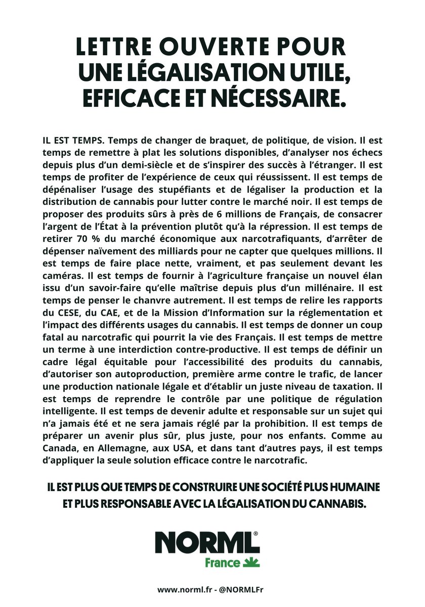 NORMLfr's tweet image. 🟥#Cannabis : 
Il est plus que temps de changer de paradigme.  

💰💀Contre le #Narcotrafic, #LégalisonsLe !🥦🏬

🇫🇷✔️ RT si vous êtes d&apos;accord.