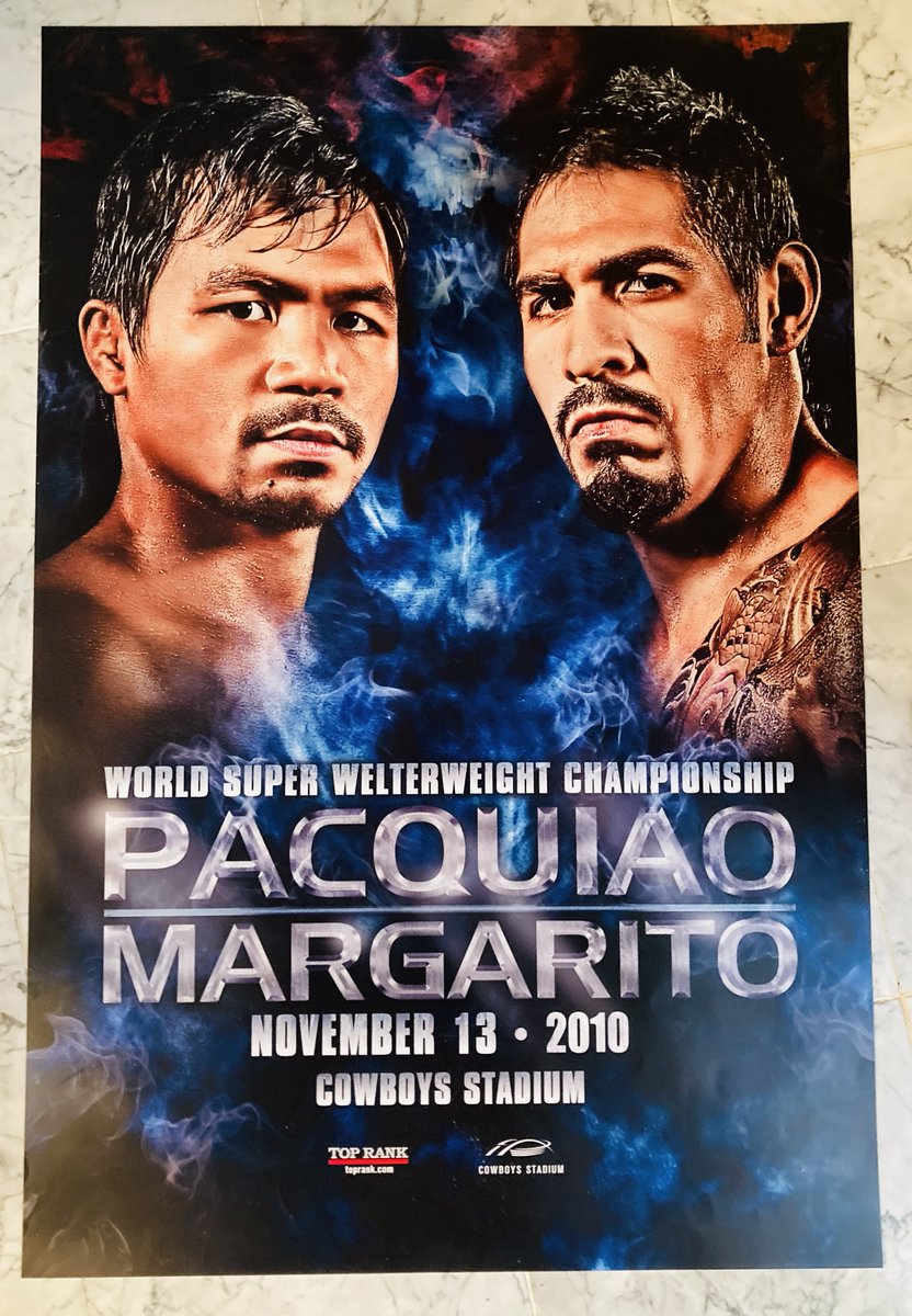 DanRafael1's tweet photo. Site poster &amp; Aussie TV poster in my #boxing collection from when the great @MannyPacquiao made history by battering Antonio Margarito for the vacant WBC jr. middleweight title &amp; a title in a record-setting 8th weight class in a fight I covered at ringside -- 14 years ago today. https://t.co/GfUIyvbeoX