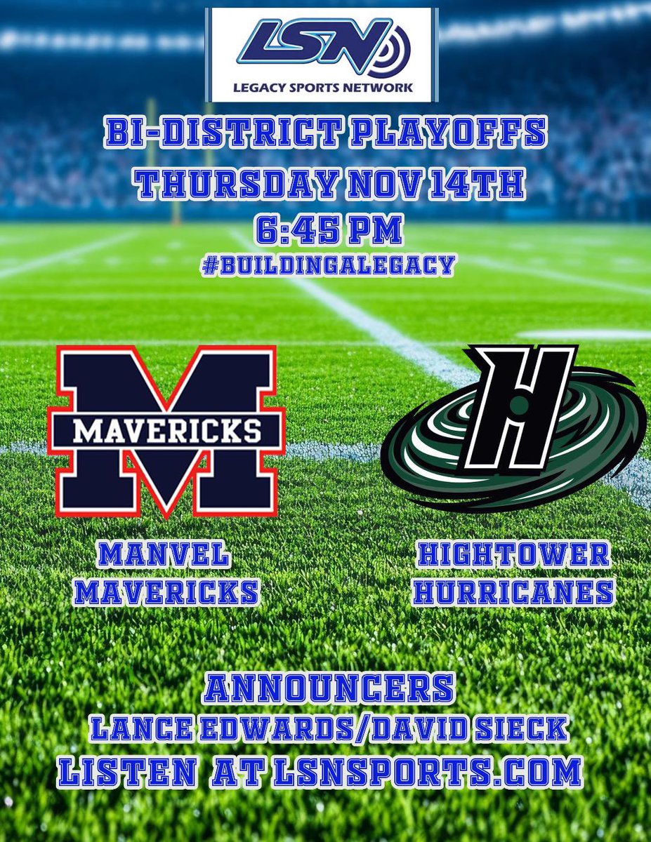 legacysportsnet's tweet photo. THREAD: Presenting our lineup for tomorrow night’s Bi-District Playoffs!

@ManvelFootball vs @HightowerFB 
⏰: 6:45 pm
📍: Hall Stadium 
🎙️: @LanceEdwardsHTX &amp; David Sieck
🖥️ : https://t.co/Z14jEwChXB 

#BuildingTheLegacy #txhsfb https://t.co/v8SIaVUqkR