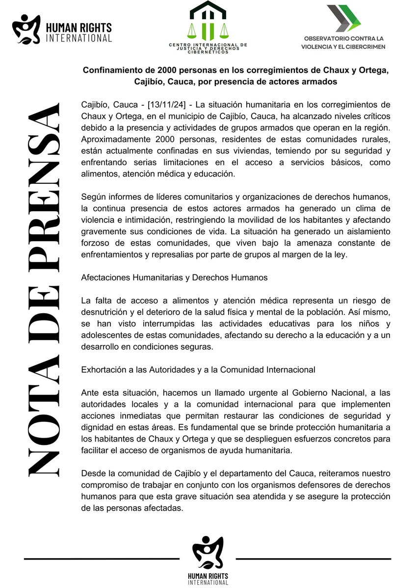 HRI_ONG's tweet photo. Vemos con preocupación que más de 2000 personas de los corregimientos de Chaux y Ortega en Cajibío , Cauca, estén confinados por los actores armados que delinquen en estas zonas del país. @yankchristopher https://t.co/7O0nbmNxyG