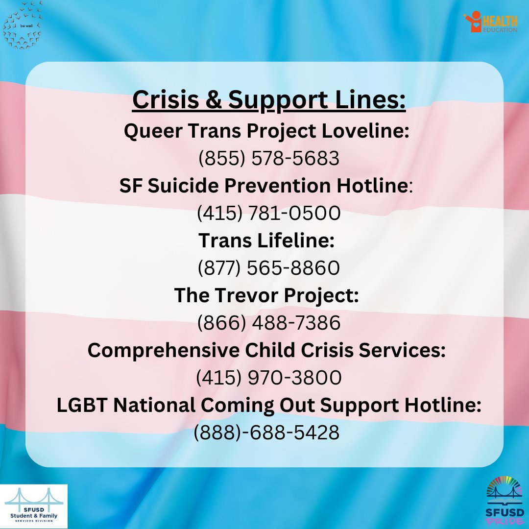 SFUSDBeWell's tweet photo. Transgender Awareness Week is November 13-19th.
During this week we aim to increase understanding about transgender people and highlight the issues that they are experiencing.
#WeAreSFUSD #BeWell #TransgenderAwarenessWeek #ProtectTransKids https://t.co/v8OZM0XguO