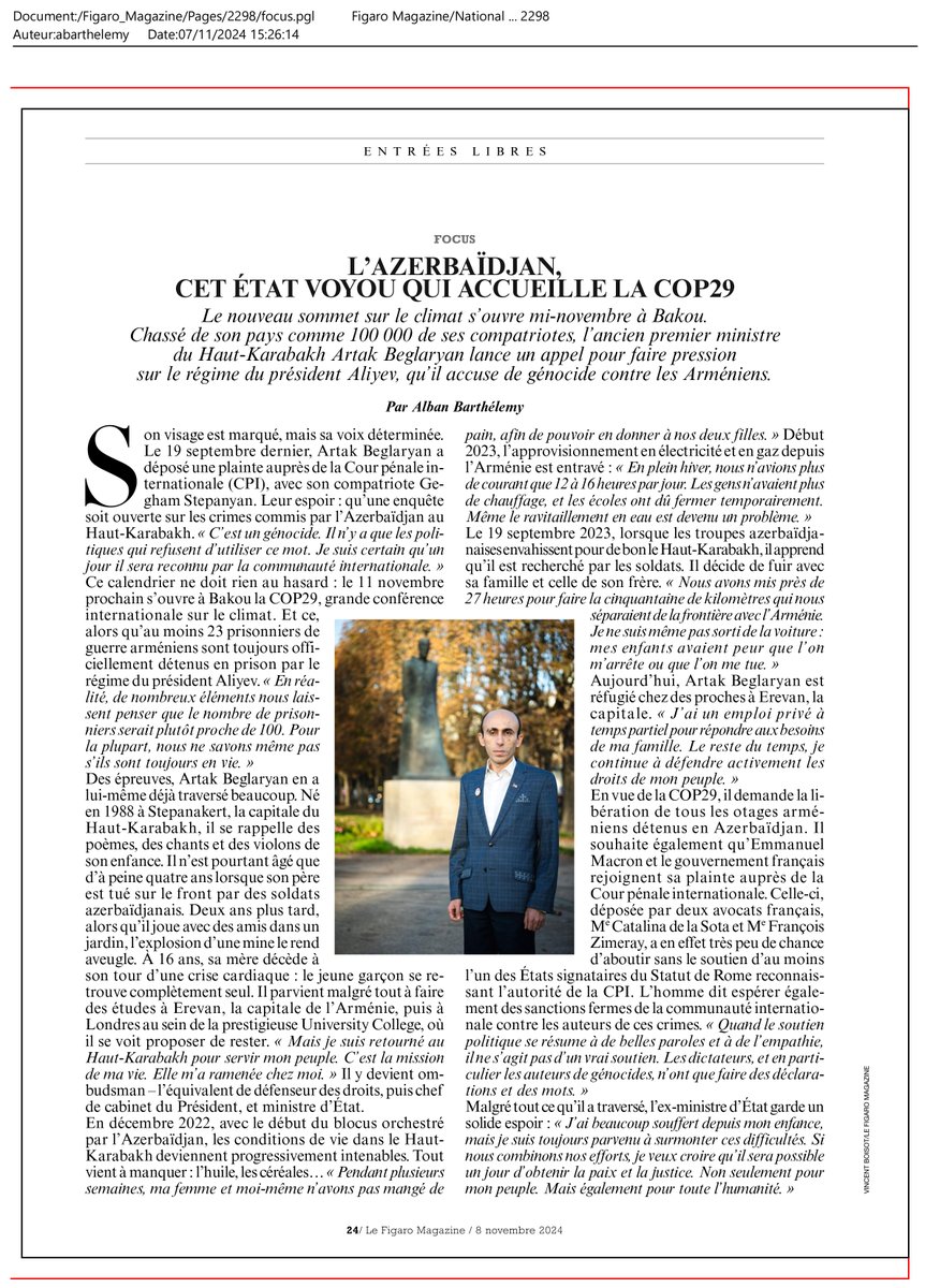 My interview with <a href="/Le_Figaro/">Le Figaro</a> has been published in both the print &amp; electronic versions.
The French version is attached with a photo &amp; link, &amp; the English translation is provided below.
"#Azerbaijan, the Rogue State Hosting #COP29
The new climate summit opens in mid-November in