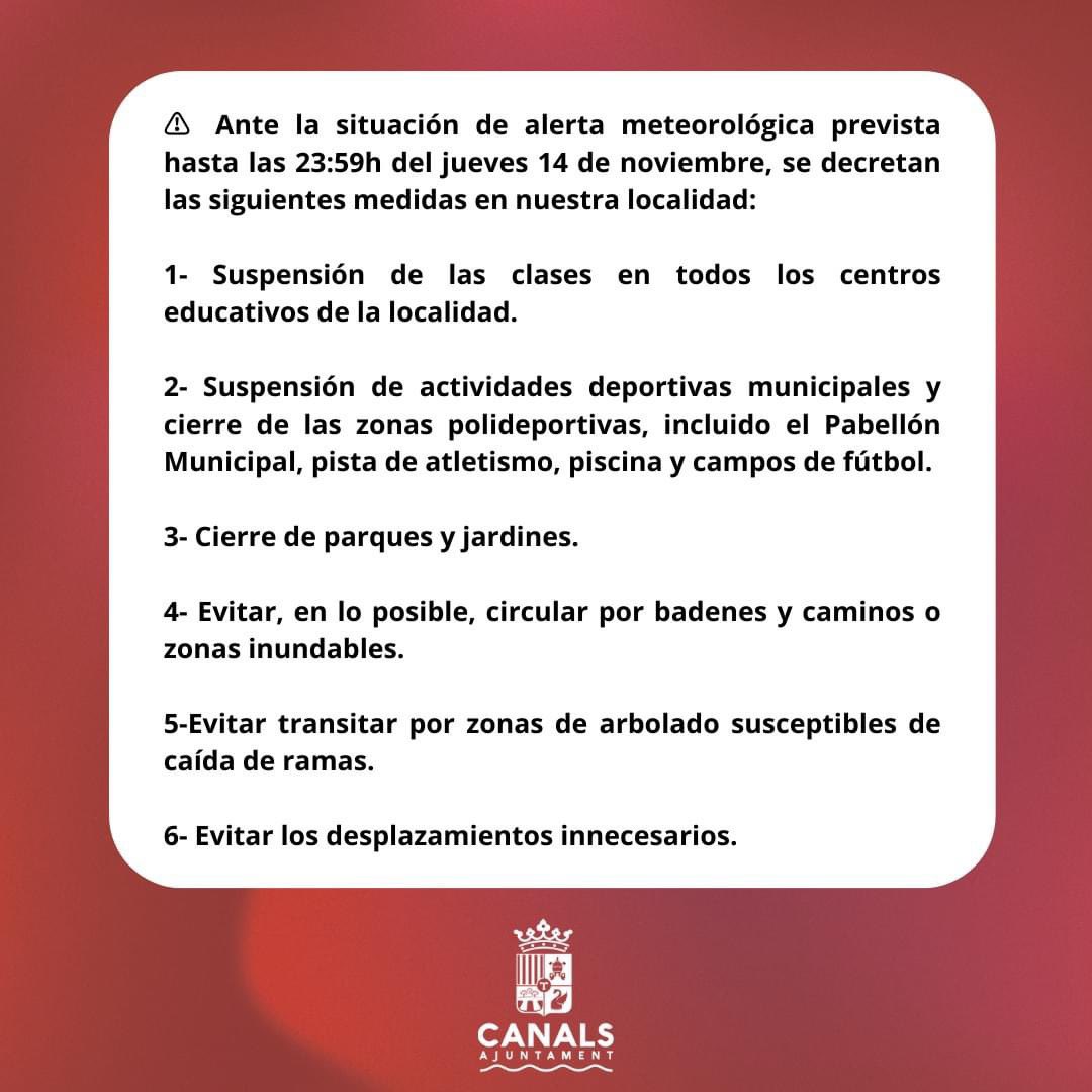 AjuntDeCanals's tweet photo. ⚠️🌧️ AVÍS GENERAL 14 DE NOVEMBRE

---

⚠️🌧️ AVISO GENERAL 14 DE NOVIEMBRE https://t.co/Y0kxuUnD7r