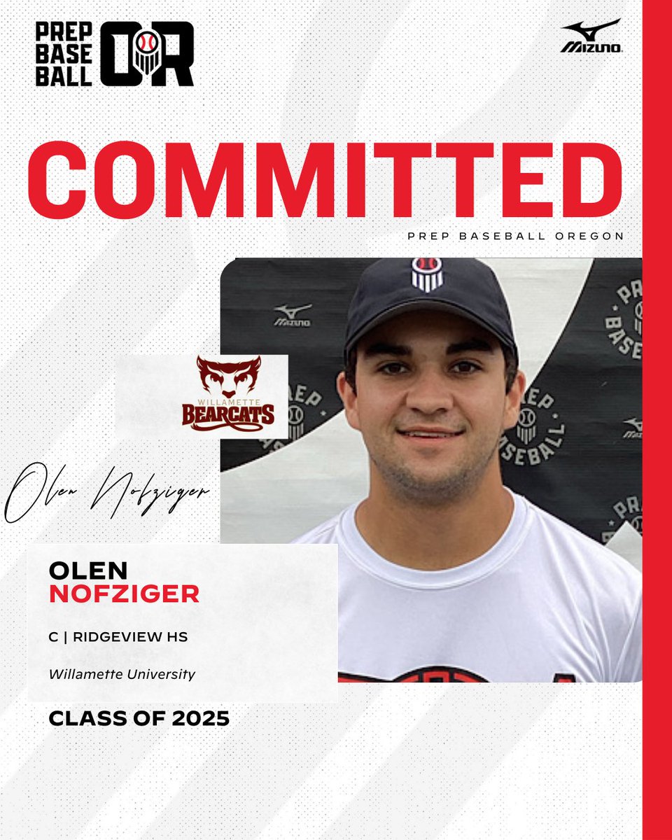 PrepBaseballOR's tweet image. 🚨 𝐂𝐎𝐌𝐌𝐈𝐓𝐌𝐄𝐍𝐓 𝐔𝐏𝐃𝐀𝐓𝐄 🚨

'25 C Olen Nofziger (Ridgeview) has committed to Willamette University #BearcatFamily

Made a recent commitment? Let us know on your profile. Graphics are created once commitments are verified.