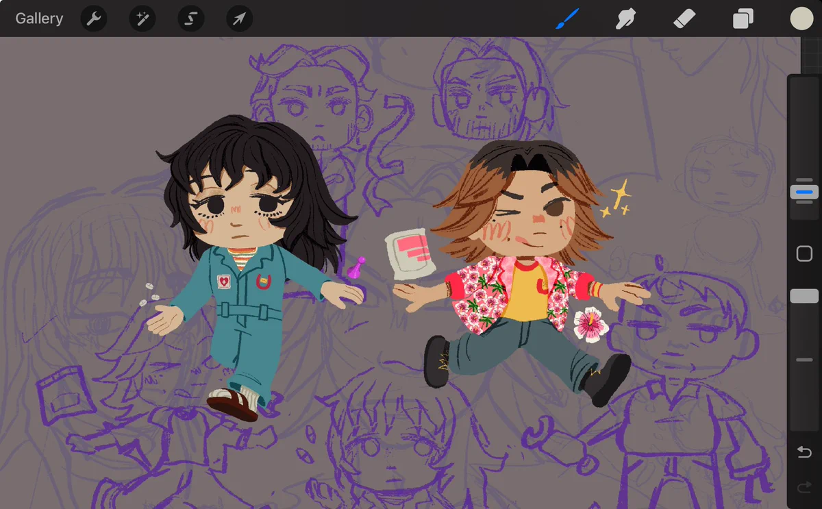 chibi versions of Anya and Daisuke from Mouthwashing. Anya has painkillers and a board game piece floating around her. Daisuke has a bag of sweetener and a hibiscus flower floating around him.