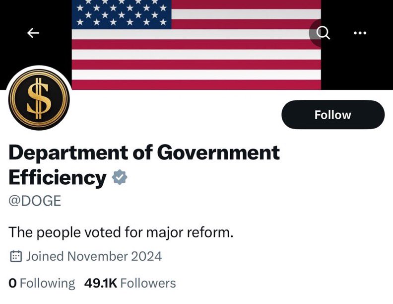 unusual_whales's tweet photo. The official account of 'Department of Government Efficiency (DOGE)' headed by Elon Musk and Vivek Ramaswamy has been launched on X https://t.co/QIw89n5yCP